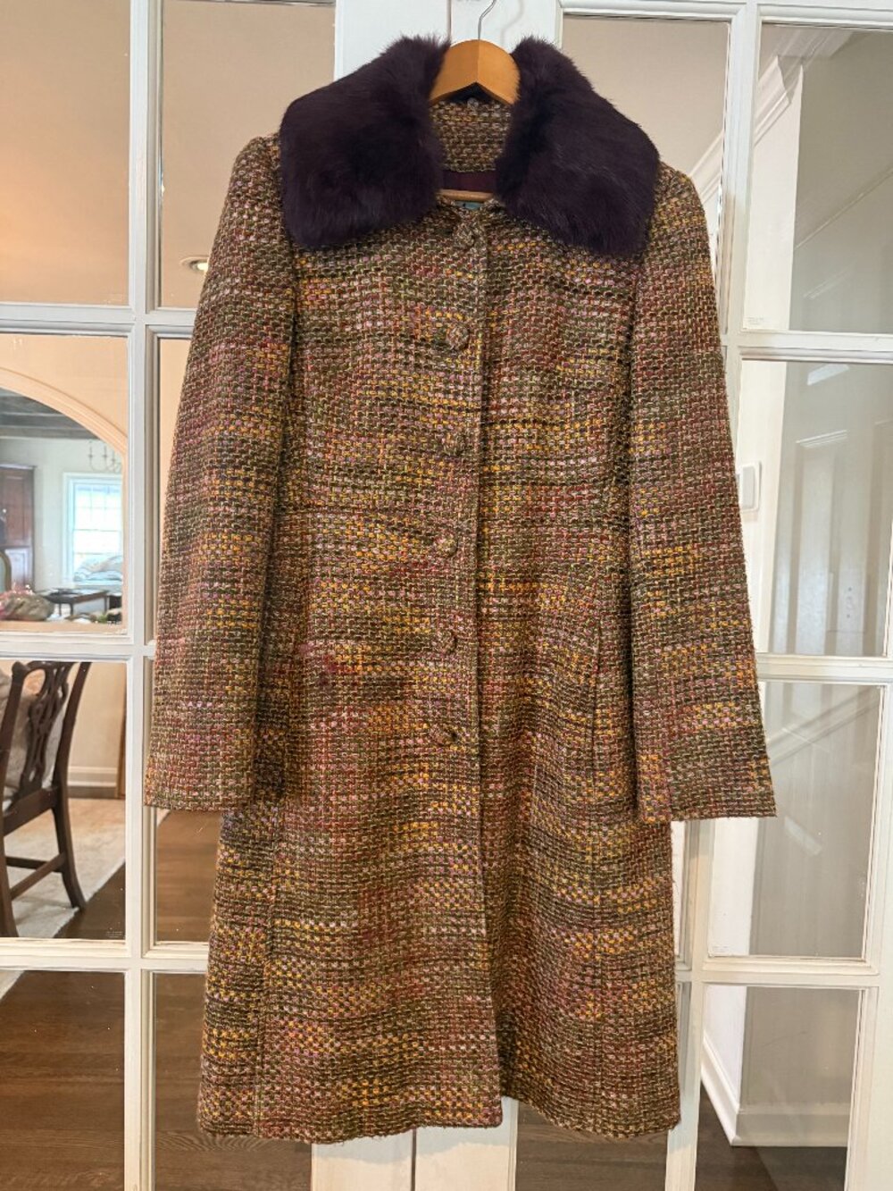 Marciano Women’s Tweed Coat with Purple Rabbit Fur Collar  M like new
